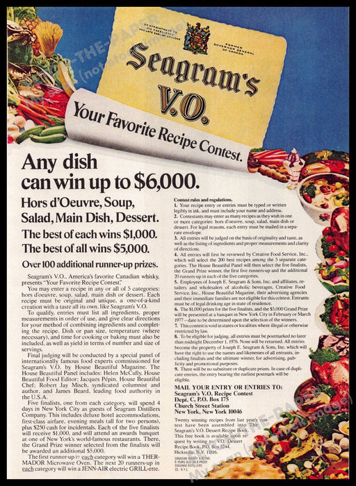 Seagram's V.O. 1970s Magazine Print Advertisement 1976 Recipe Contest Seagram's V.O.