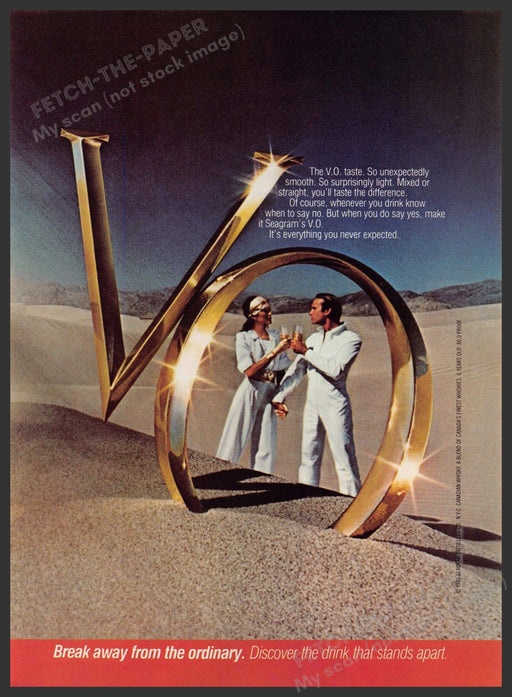 Seagram's V.O. 1980s Print Advertisement 1983 Couple Desert Sand Fetch-the-Paper