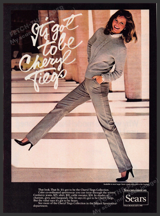 Sears Cheryl Tiegs 1980s Print Advertisement 1981 Kicking Corduroy Pants Sears