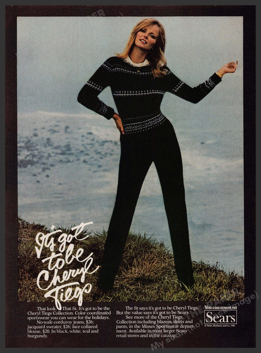 Sears Cheryl Tiegs 1980s Print Advertisement 1981 Ocean Bluff Fetch-the-Paper