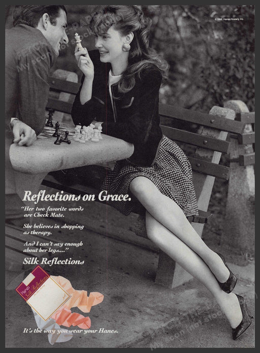 Silk Reflections Hosiery 1980s Print Advertisement 1989 Long Legs Park Bench Fetch-the-Paper