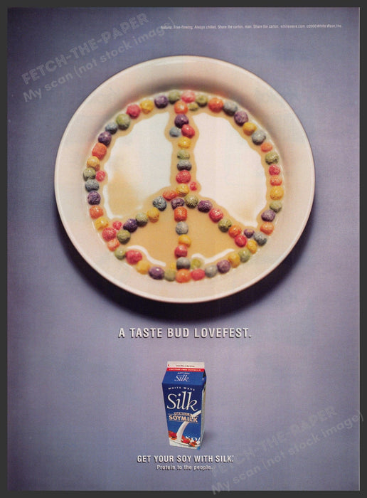 Silk Soy Milk 2000s Print Advertisement 2001 Peace Sign Cereal Fetch-the-Paper