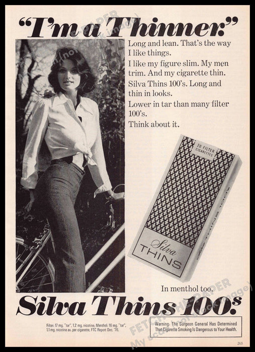 Silva Thins 1970s Print Advertisement 1977 Cigarettes Girl "I'm a thinner" Silva Thins