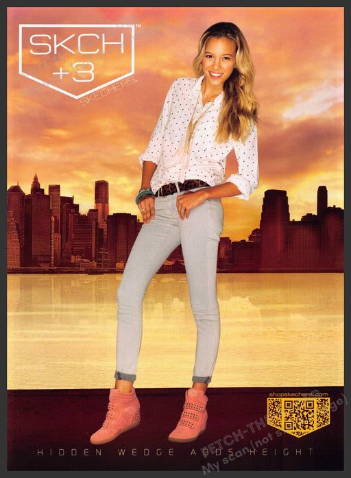 Skechers +3 Shoes 2010s Print Advertisement 2013 Hidden Wedge Skyline Sunset Fetch-the-Paper