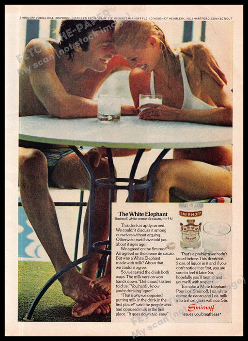 Smirnoff 1970s Magazine Print Ad 1975 Legs Couple Swim "The White Elephant" Smirnoff