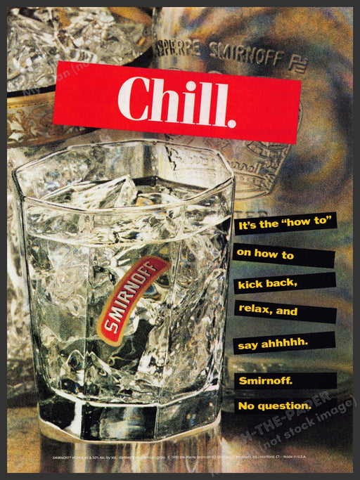 Smirnoff "Chill" 1990s Print Advertisement Ad 1991 On the Rocks Ice Cubes Glass Fetch the Paper!