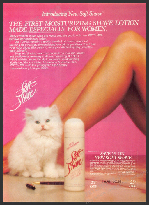 Soft Shave 1980s Print Advertisement 1982 Legs White Kitten Fetch-the-Paper