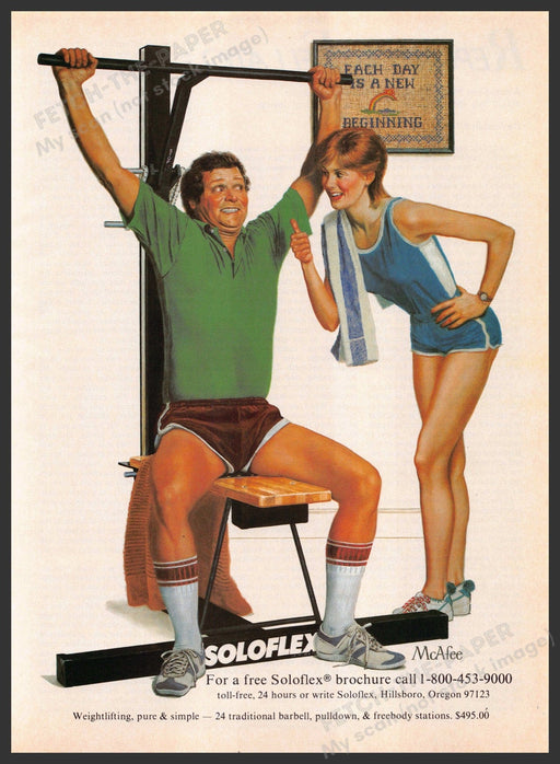Soloflex Gym Equipment 1980s Print Advertisement 1982 McAfee Illustration Fetch-the-Paper