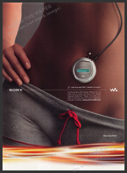 Sony E100 Walkman 2000s Print Advertisement 2005 Bare Midriff Stomach Workout Fetch-the-Paper