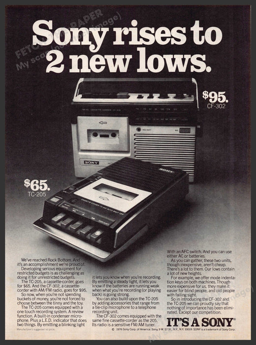 Sony TC-205 & CF-302 1970s Magazine Print Advertisement 1977 Radio & Cassette Sony