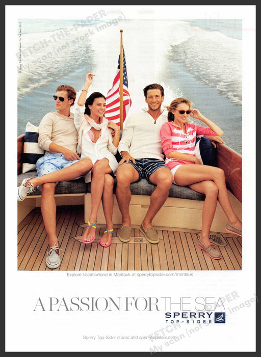 Sperry Top-Sider 2010s Print Advertisement 2013 Legs Couples Wooden Boat Flag Fetch-the-Paper