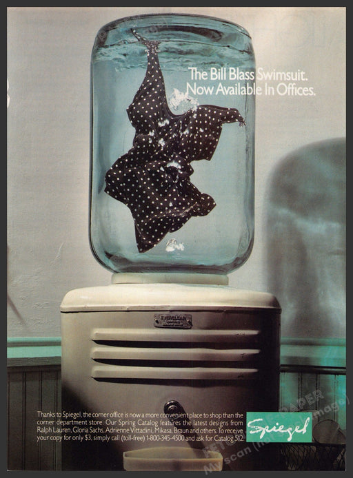 Spiegel 1980s Print Advertisement 1989 Bill Blass Swimsuit Office Watercooler Spiegel