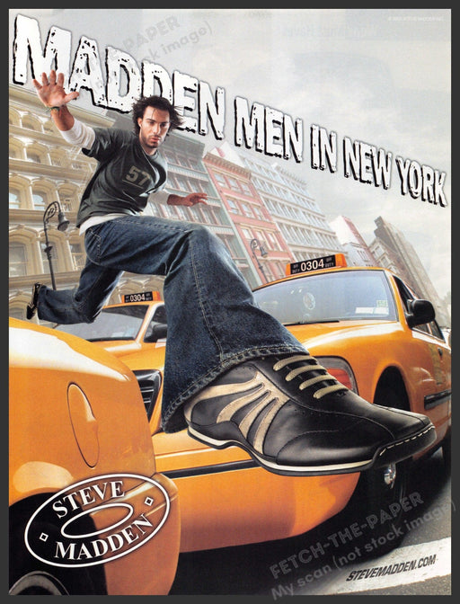 Steve Madden 2000s Print Advertisement 2003 Men in New York Jumping Taxi Cabs Fetch-the-Paper