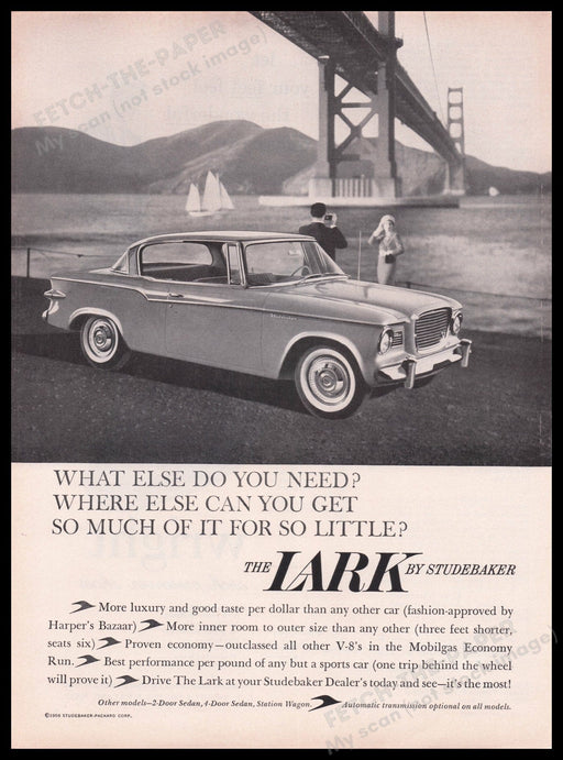 Studebaker Lark Car 1950s Print Advertisement Ad 1959 Golden Gate Bridge Fetch the Paper!