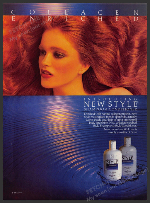 Style Hair Products 1980s Print Advertisement 1985 Red Hair Collagen Enriched Fetch-the-Paper
