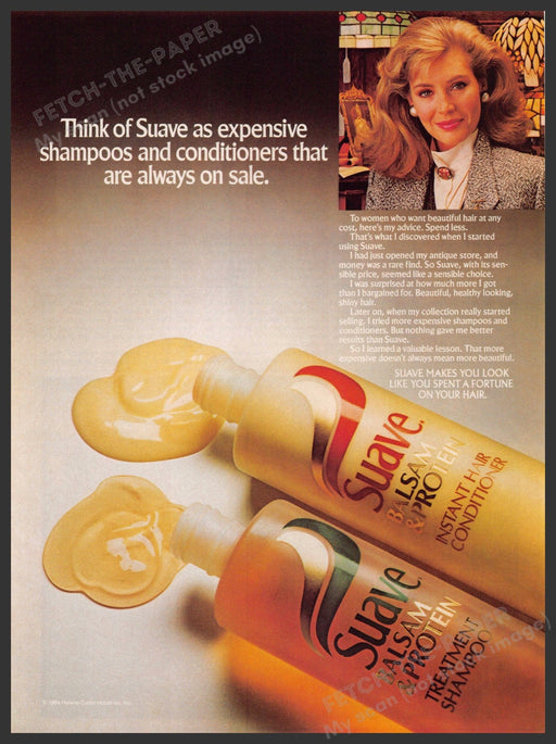 Suave Balsam & Protein 1980s Print Advertisement 1984 Working Woman Big Hair Fetch-the-Paper