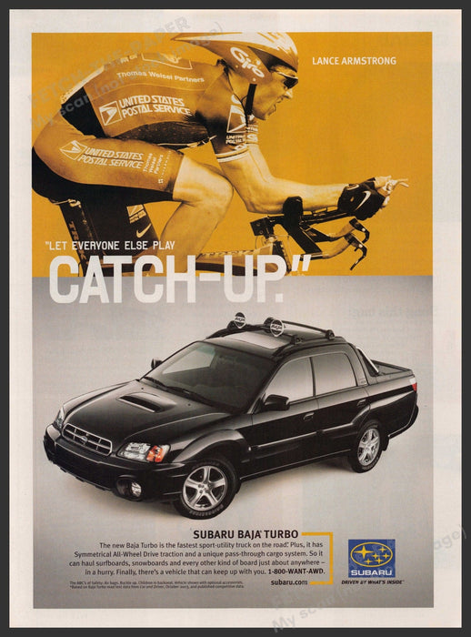 Subaru Baja Turbo 2000s Print Advertisement 2004 Lance Armstrong Fetch-the-Paper