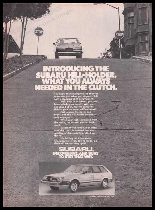 Subaru Hill-Holder Clutch Car 1980s Print Advertisement Ad 1980 Fetch the Paper!