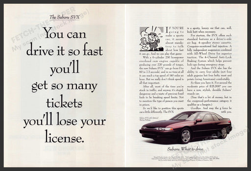 Subaru SVX Car 1990s Print Advertisement (2 Pgs) 1991 Speed Tickets Lose License Fetch-the-Paper