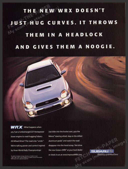 Subaru WRX Car  2000s Print Advertisement Ad 2002 "Throws curves in a headlock" Fetch-the-Paper