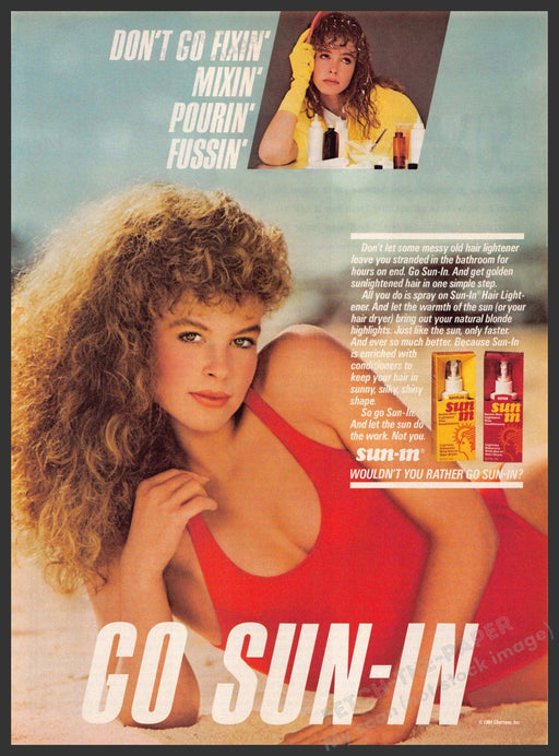 Sun-In 1980s Magazine Print Advertisement 1985 Curly Big Hair Beach Sand Sun-In