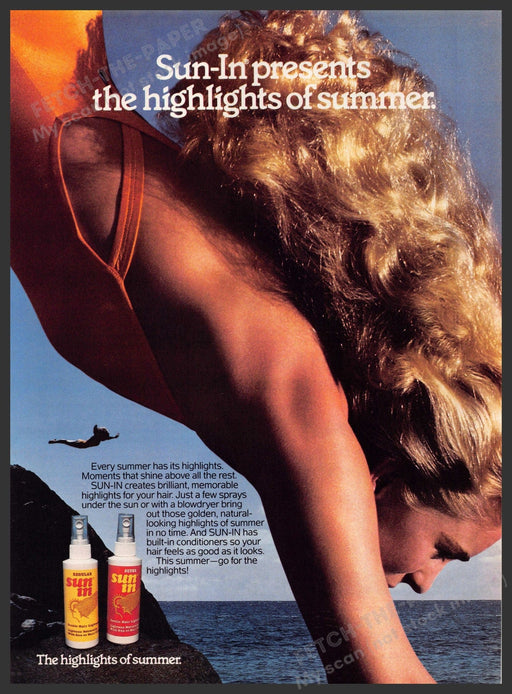 Sun-In 1980s Print Advertisement 1986 Cliff Diving Blonde Girl Sun-In