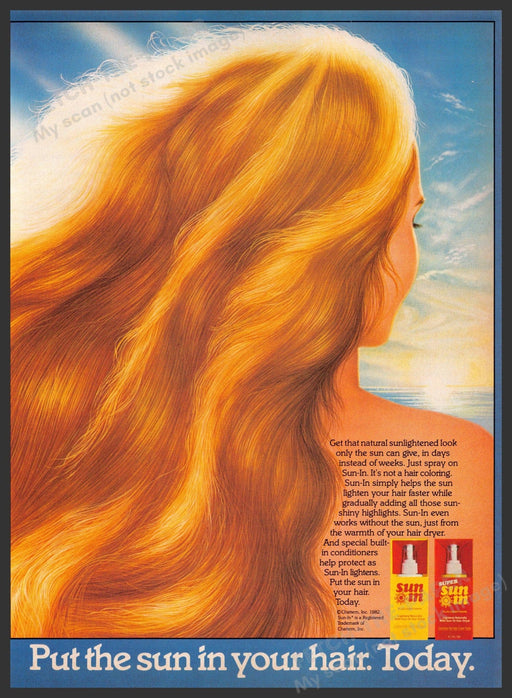 Sun-In Hair Lightener 1980s Print Advertisement 1982 Flowing Hair Illustration Fetch-the-Paper