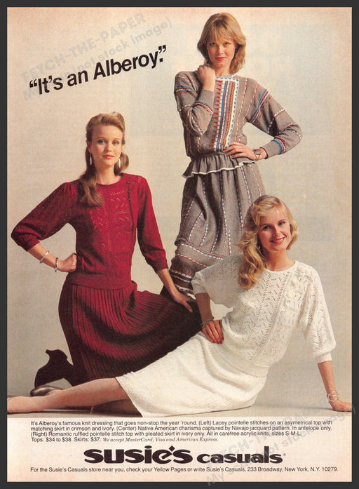 Susie's Casuals 1980s Print Advertisement 1982 Legs "It's an Alberoy" Fetch-the-Paper