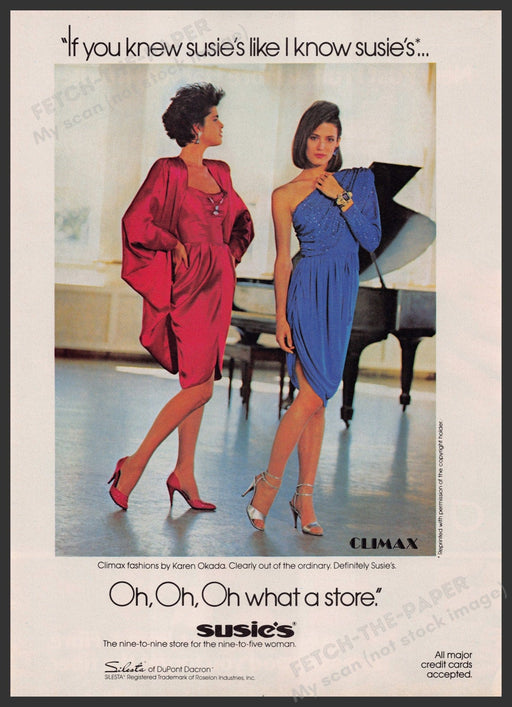 Susie's Dresses Climax Fashions 1980s Print Advertisement Ad 1985 Legs Piano Fetch the Paper!