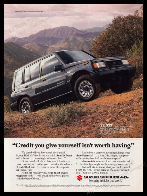 Suzuki Sidekick 4-door 1990s Print Advertisement Ad 1991 Side of Mountain Fetch-the-Paper
