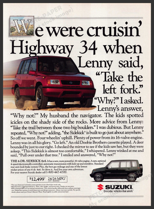 Suzuki Sidekick 4x4 SUV 1990s Print Advertisement Ad 1992 Fetch-the-Paper