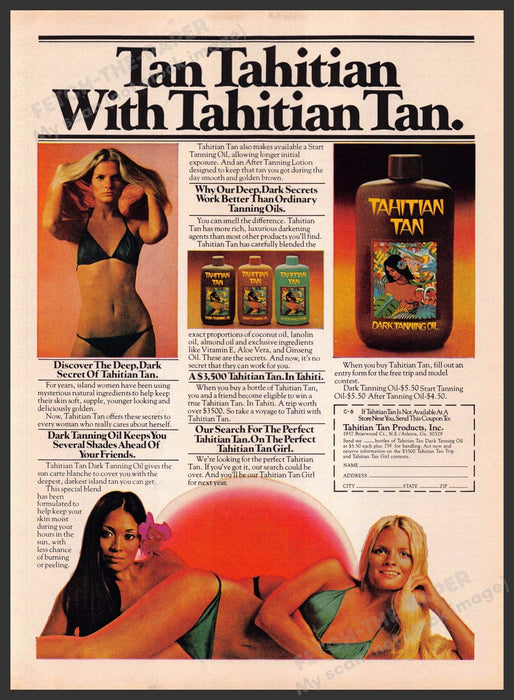 Tahitian Tan 1970s Print Advertisement 1976 Sun Bikini Girls Fetch-the-Paper