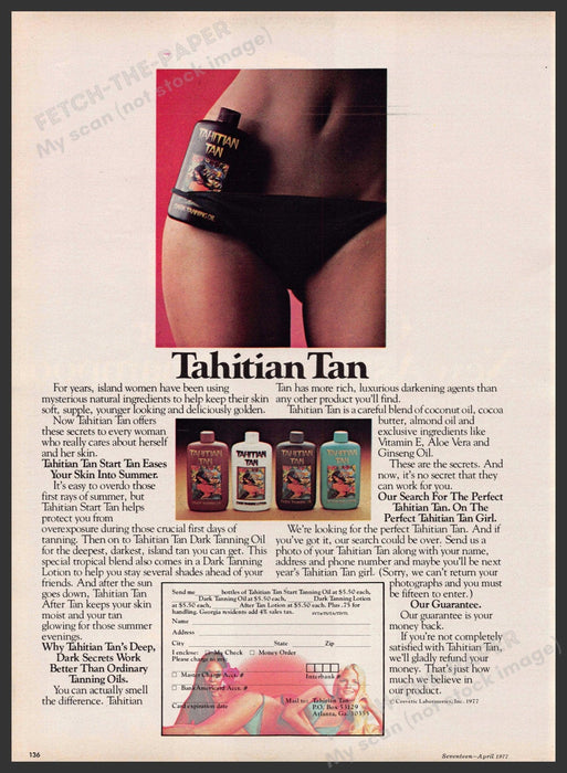 Tahitian Tan 1970s Print Advertisement 1977 Bikini Bottom Tanning Tahitian Tan