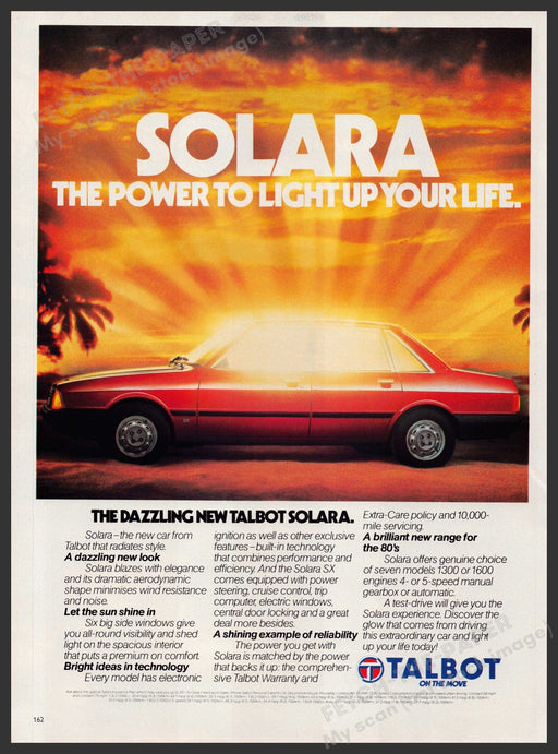 Talbot Solara Car 1980s Print Advertisement Ad 1980 "Light up your life" Fetch-the-Paper