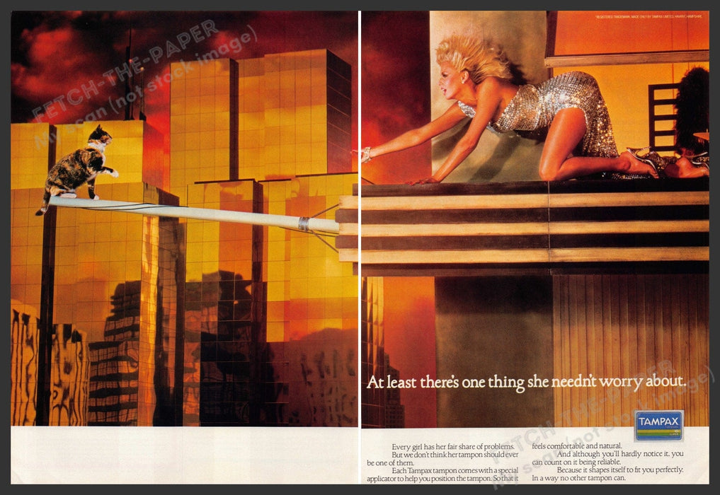 Tampax 1980s Print Advertisement Ad (2 pages) 1982 Legs Cat Interesting Fetch the Paper!