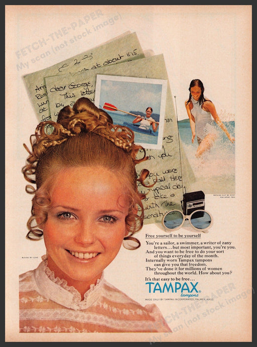 Tampax Tampons 1960s Print Advertisement Ad 1969 "Free yourself to be yourself" Fetch the Paper!