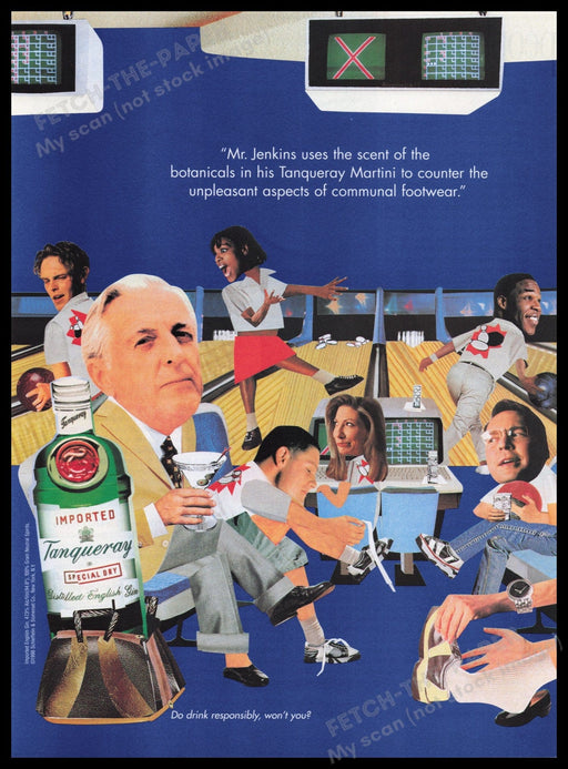 Tanqueray Mr. Jenkins Dry Gin 1990s Print Advertisement Ad 1998 Bowling Fetch the Paper!