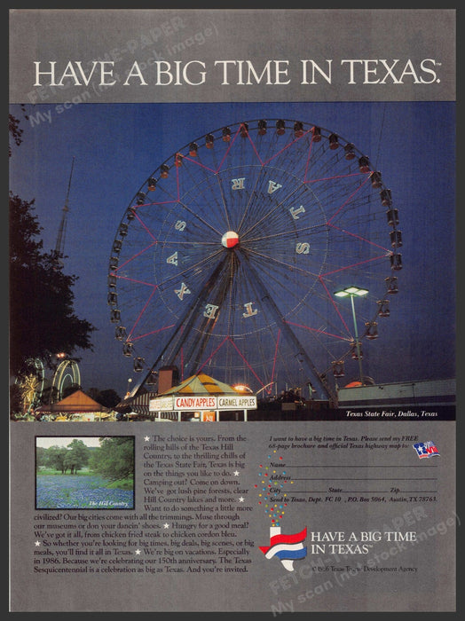 Texas 1980s Magazine Print Advertisement 1986 State Fair Ferris Wheel Texas