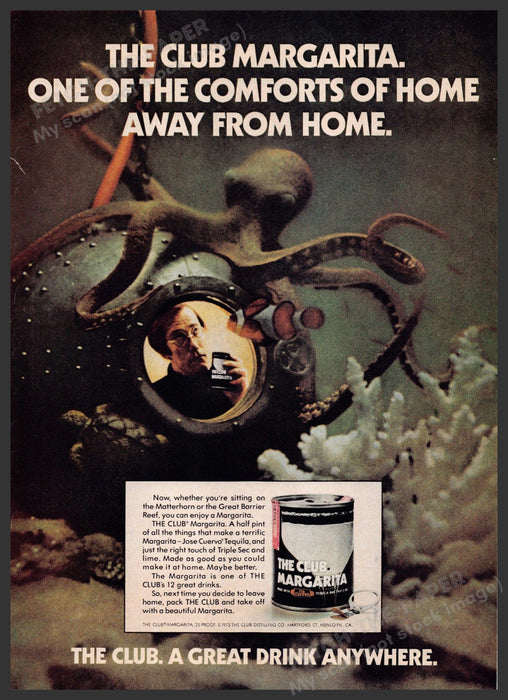 The Club Margarita 1970s Print Advertisement 1976 Submarine Pod Octopus Fetch-the-Paper