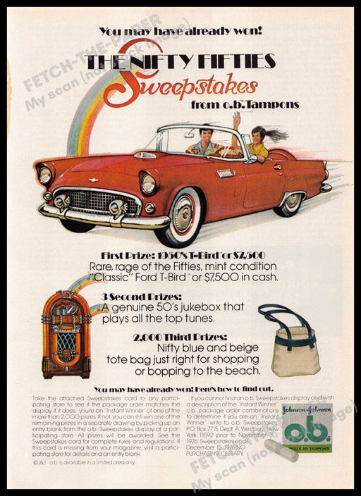 The Nifty Fifties Sweepstakes 1970s Magazine Print Ad 1976 O.B. Tampons The Nifty Fifties Sweepstakes