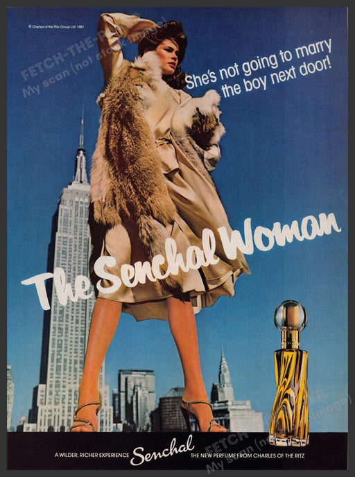 The Senchal Woman 1980s Print Advertisement 1981 NYC Empire State Building Legs Fetch-the-Paper