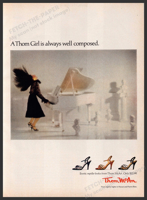 Thom McAn Shoes 1980s Print Advertisement 1981 Legs Girl Playing Piano Fetch-the-Paper