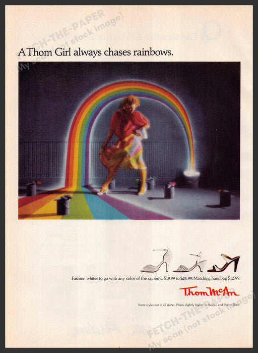 Thom McAn Shoes 1980s Print Advertisement 1982 "Girl Always Chooses Rainbows" Fetch-the-Paper