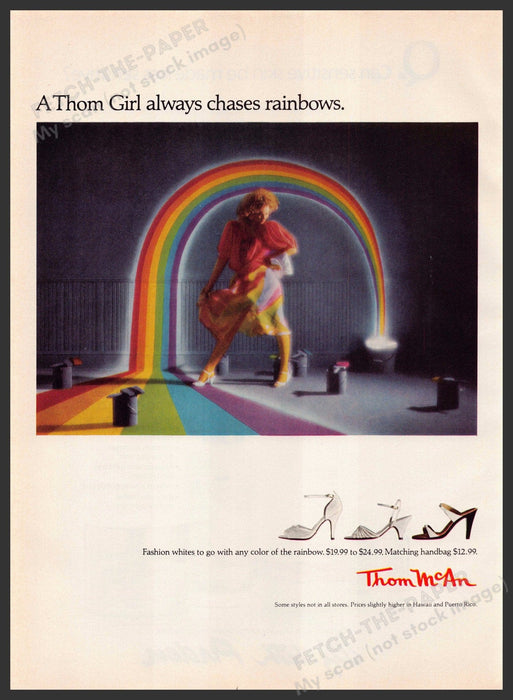 Thom McAn Shoes 1980s Print Advertisement 1982 "Girl Always Chooses Rainbows" Fetch-the-Paper