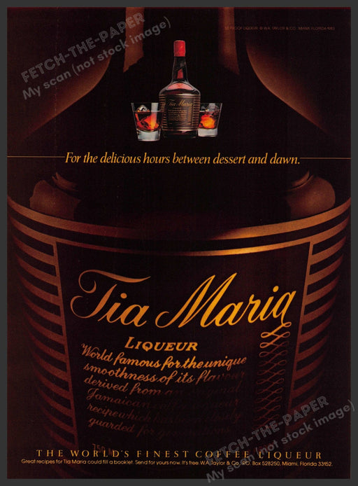 Tia Maria Liqueur 1980s Print Advertisement 1983 "Hours between dessert & dawn" Fetch-the-Paper