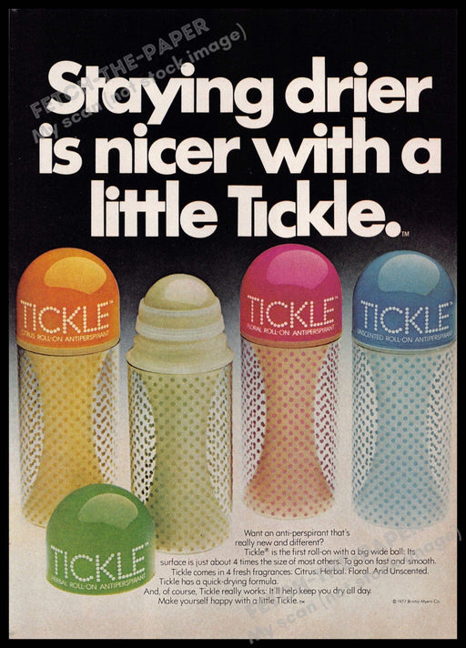 Tickle 1970s Print Advertisement 1977 "Staying drier is nicer" Anti-perspirant Tickle