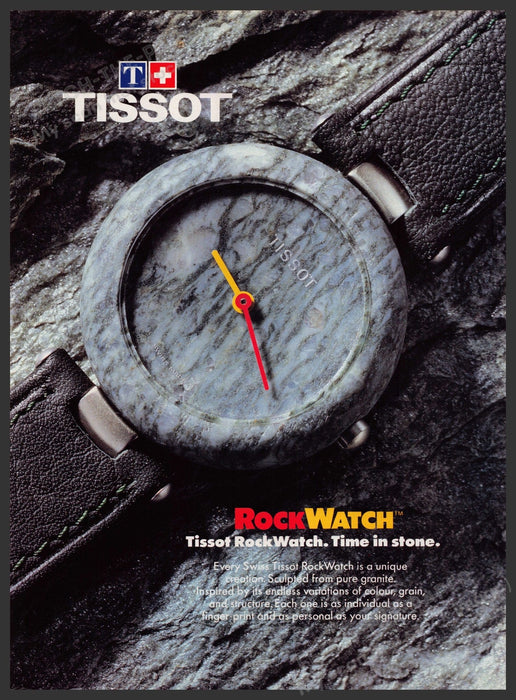 Tissot RockWatch 1980s Print Advertisement Ad 1987 Time in Stone Swiss Fetch-the-Paper