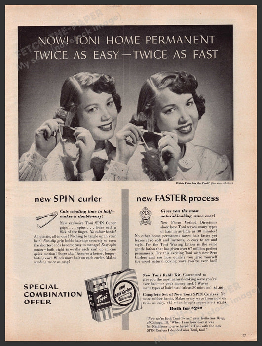 Toni Home Permanent Hair Perm Twins 1940s Print Advertisement Ad 1949 Fetch-the-Paper