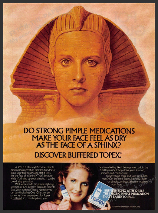 Topex Pimple 1980s Print Advertisement 1981 Sphinx Face Topex