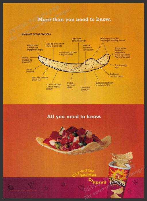Torengos 2000s Print Advertisement 2002 Tortilla Chips Curved for Dipping Fetch-the-Paper